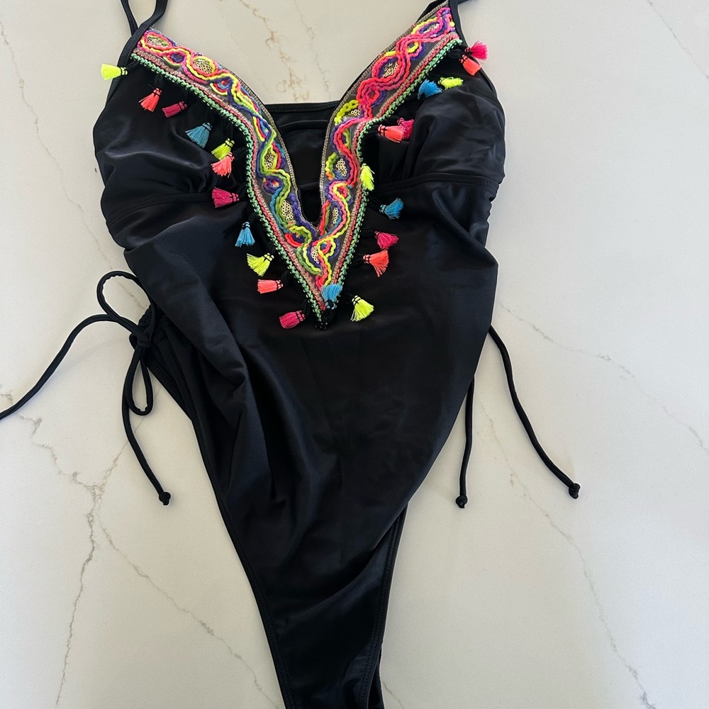 Black thong Swimsuit with Colorful Embroidery